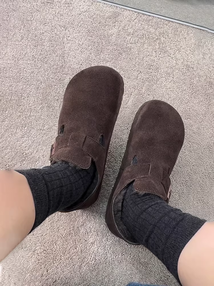 Phiên bản da cừu ~ Giày Birkenstock đế bằng kiểu Retro Melard dành cho nữ, đa năng, lót lông cừu, ấm áp, giày cotton da thật cắt sâu, giày lông thú.