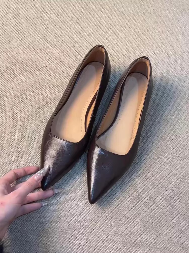 Phiên bản da cừu ~ Giày da đế thấp đi làm mũi nhọn, giày công sở thanh lịch, giày nữ kiểu dáng cổ điển, mũi nông, kiểu lười