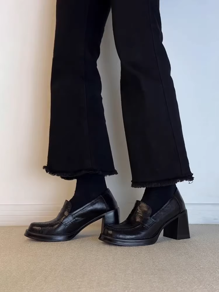 Phiên bản da cừu ~ Giày lười da thật dành cho nữ, giày lười màu đen cổ điển, giày cao gót thanh lịch để đi làm, giày da nhỏ đa năng