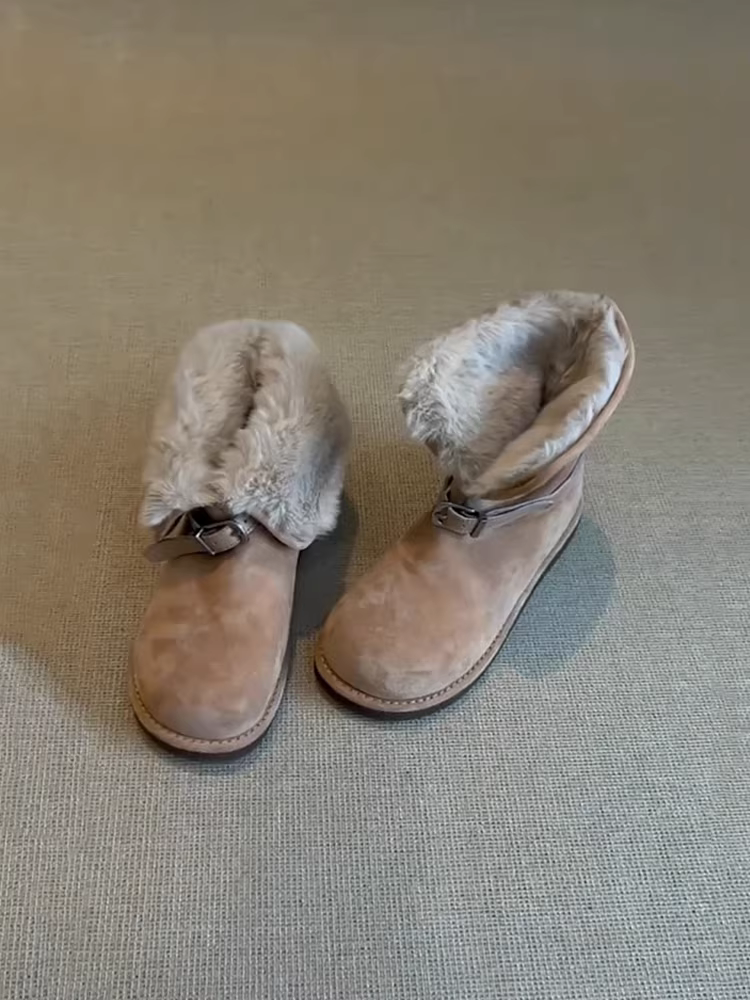 Phiên bản da bò ~ Giày bốt đi tuyết phong cách mùa đông dành cho nữ có khóa thắt lưng, có thể mang hai kiểu, lót lông cừu, dày dặn, đế bằng, giày bốt cotton thời trang.