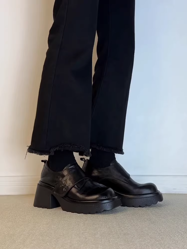 Phiên bản da bò ~ Giày lười Shorty Loafer da thật dành cho nữ, mũi giày lớn, giày lười có khóa dán, gót dày, giày da nhỏ kiểu cổ điển.