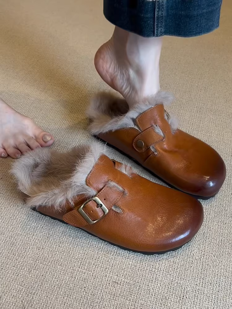 Phiên bản da bò ~ Giày lông có mũi kín kiểu cổ điển dành cho nữ, da thật đế bằng có lông cừu, giày Birkenstock đơn giản kiểu lười đi làm.