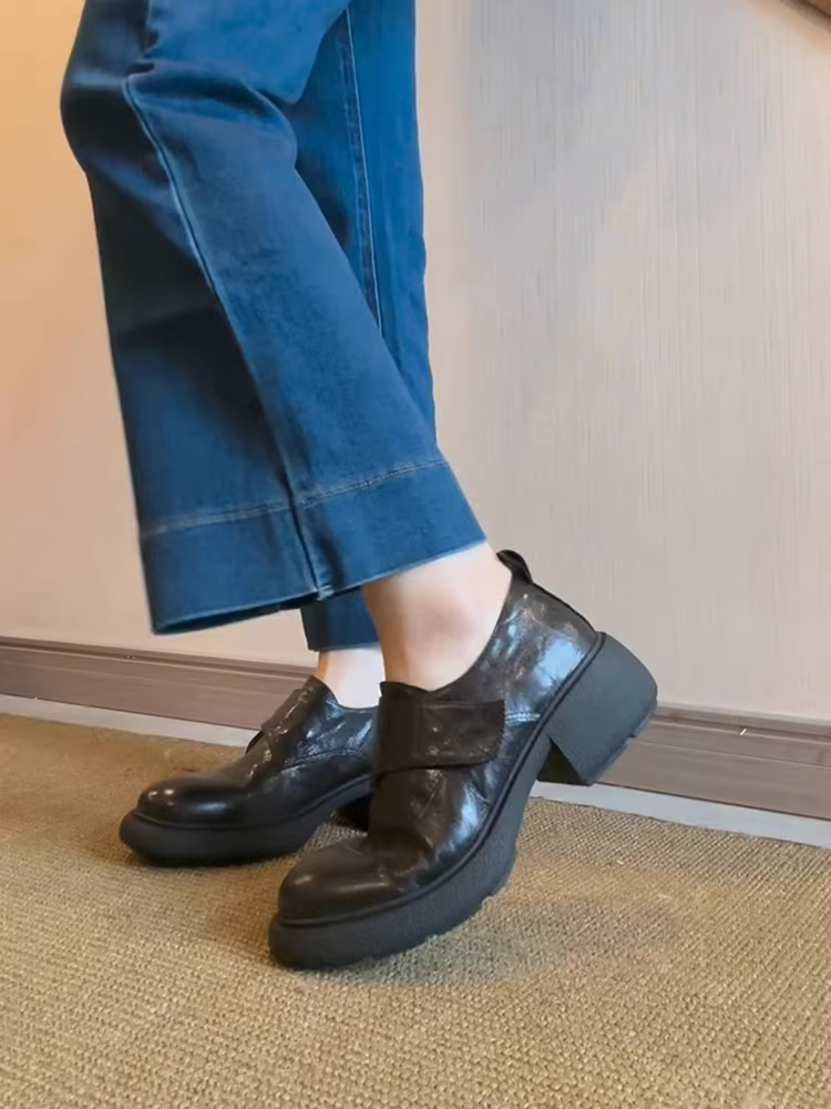 Phiên bản da cừu ~ Giày đế mềm có đế dày bằng Velcro dành cho nữ, giày da nhỏ có gót dày kiểu cổ điển mũi tròn đi làm, giày đơn cắt sâu.