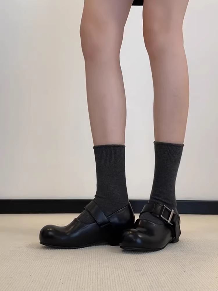 Phiên bản da cừu ~ Giày Mary Jane tăng chiều cao kiểu dáng độc đáo với mũi giày hình quả xoài, giày da thật phong cách retro dành cho nữ, thích hợp phối cùng váy.