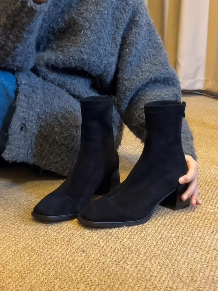 Phiên bản da bò ~ Giày bốt ngắn mũi vuông đơn giản, thanh lịch, da thật dành cho nữ, giày bốt cao gót có khóa kéo phía sau bằng da lộn kiểu cổ điển, giày bốt ôm dáng co giãn