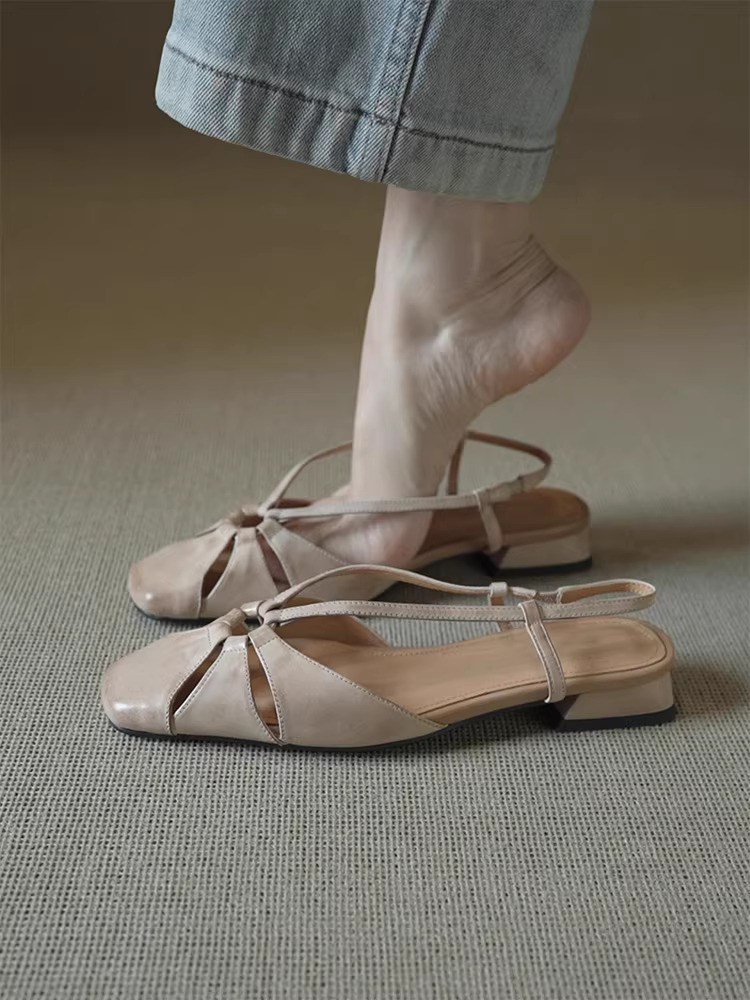 Phiên bản da cừu ~ Dép quai ngang hở lưng bằng da thật phong cách retro nghệ thuật dành cho nữ, mũi vuông, giày bít mũi gót thấp thanh lịch.