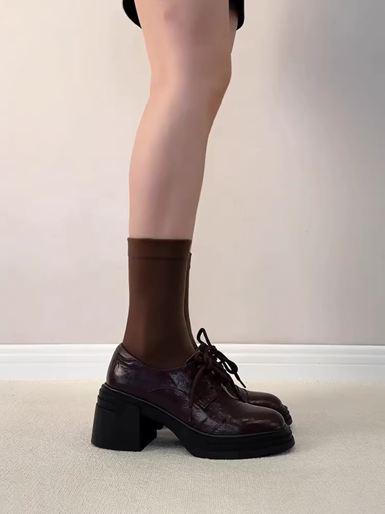 Phiên bản da cừu ~ Giày da đi làm có dây buộc kiểu Anh dành cho nữ, giày cao gót đế dày chống thấm nước, giày lười cổ điển