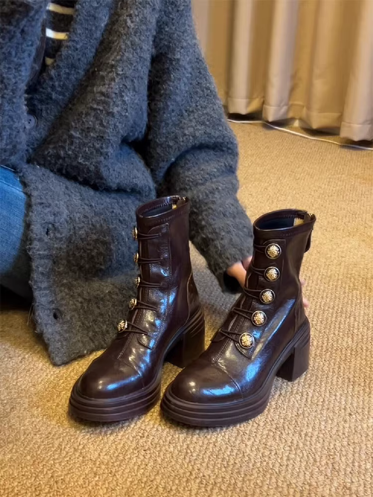 Phiên bản da bò ~ Giày bốt Martin có khóa kim loại cao cấp dành cho nữ, phong cách Anh quốc, thời trang cổ điển, tôn dáng, đa năng, giày bốt thon gọn