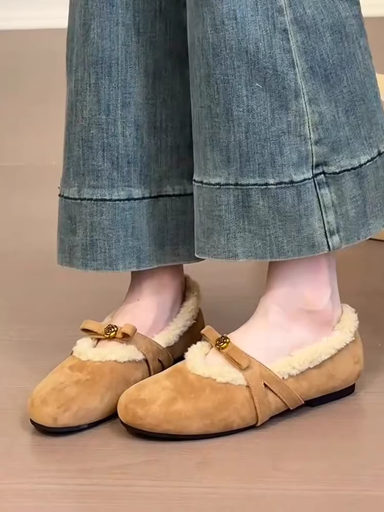 Phiên bản da cừu ~ Giày Mary Jane có nơ hoa trà nhẹ nhàng dành cho nữ, miệng nông, lót lông cừu, giày lông đế phẳng
