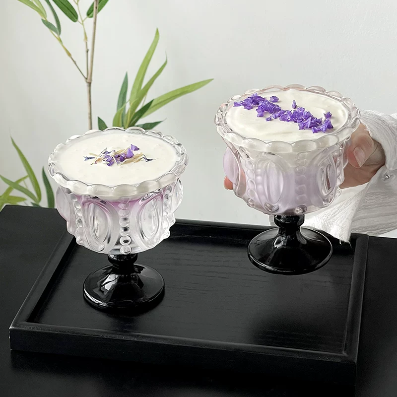 Ly kem đen cổ điển, họa tiết nổi, ly tráng miệng thẩm mỹ cao, ly thủy tinh sưu tầm độc đáo, ly rượu gia dụng.