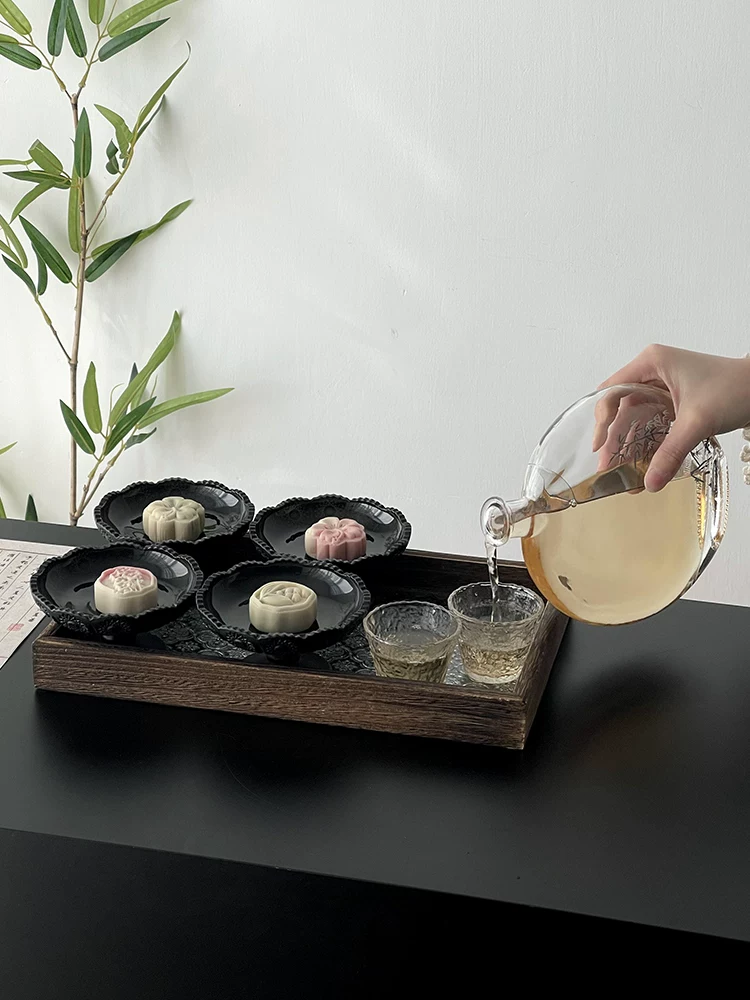 Khay trà chân cao màu đen mờ kiểu cổ điển, đĩa tráng miệng trà chiều tinh tế, đĩa trái cây, đĩa bánh ngọt Trung Hoa, đĩa đựng đồ ăn nhẹ