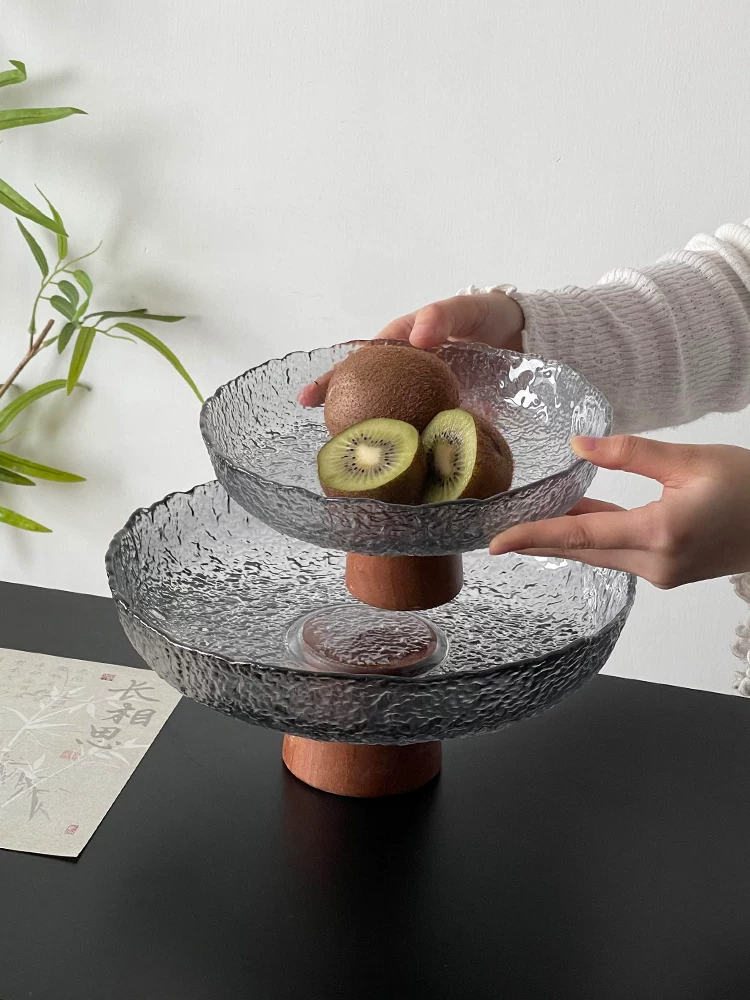 Đĩa thủy tinh cao màu xám khói cổ điển, đĩa trưng bày đồ ăn nhẹ, đĩa trái cây cao cấp phong cách Trung Hoa, đĩa đựng bánh kẹo tráng miệng