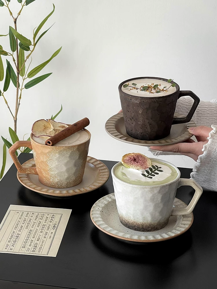 Cốc kiểu Nhật cổ điển có tay cầm treo, bộ cốc cà phê và đĩa lót, cốc gốm thô thủ công, cốc trà dung tích lớn sáng tạo, cốc nước.