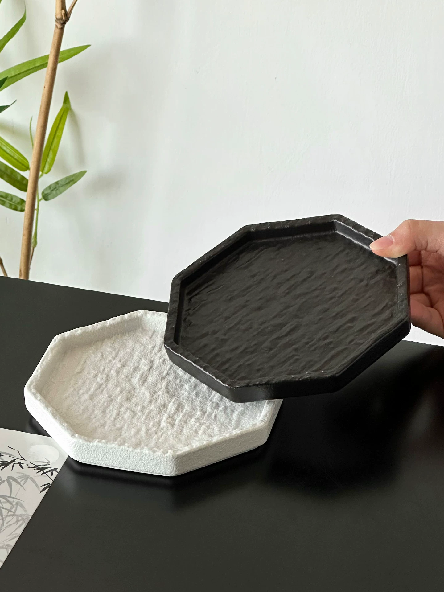 Khay hình bát giác họa tiết đá phong cách Trung Hoa, đĩa ăn nhẹ trà chiều tinh tế, đĩa trái cây cổ điển, đĩa tráng miệng, đĩa sứ.