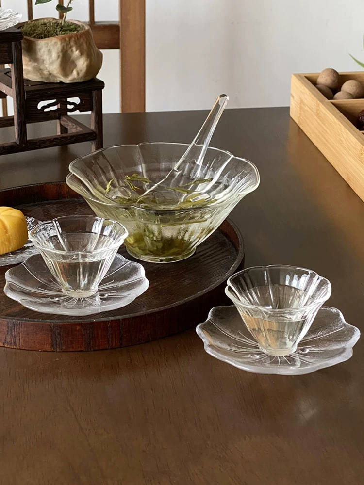 Bát thủy tinh hình cánh hoa, cốc trà ủ lạnh chịu nhiệt độ cao, bát pha trà nhỏ kèm thìa, cốc trà xanh ủ lạnh kiểu Trung Quốc mới.