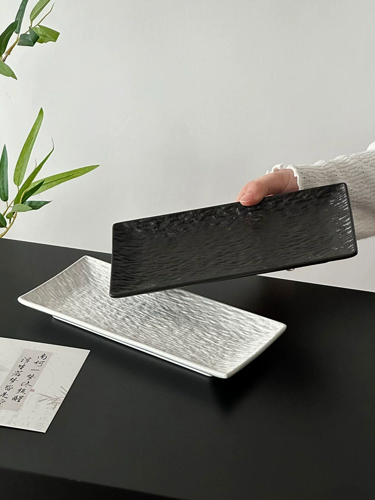 Đĩa nông hình chữ nhật họa tiết đá phong cách Trung Hoa, đĩa trái cây trà chiều tinh tế, đĩa tráng miệng, đồ dùng gốm sứ.