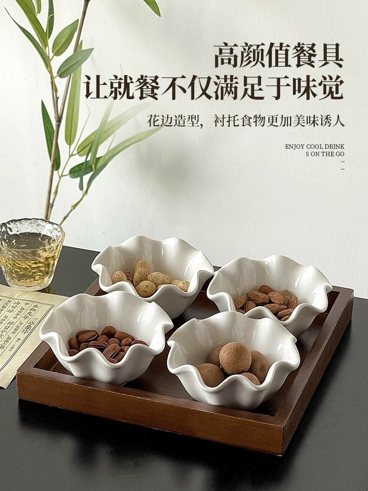 Đĩa đựng đồ ăn nhẹ kiểu Trung Quốc, đĩa gốm hình hoa sen, bộ khay gỗ lấy cảm hứng từ Thiền, đĩa trưng bày trên bàn trà, đĩa đựng trái cây, đĩa đựng hạt chia ngăn.