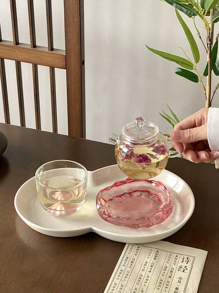 Bộ ấm trà Kung Fu màu hồng, chất liệu thủy tinh borosilicate cao cấp, ấm trà nhỏ, tách trà và đĩa lót, tách trà dùng cho một người, tách nếm trà.