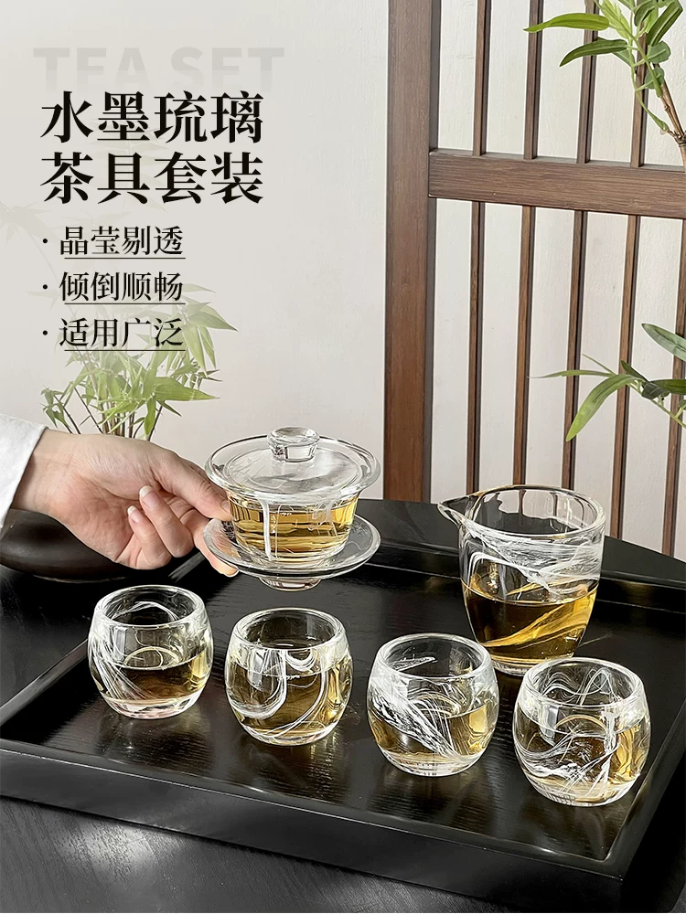 Tách trà vẽ mực thủy tinh để tiếp khách, gaiwan cao cấp, chén chủ, tách trà, cốc thủy tinh, bộ trà kung fu, bộ quà tặng.
