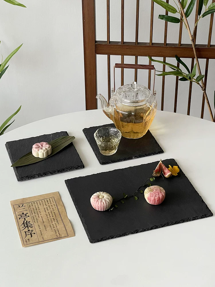 Đĩa đá đen kiểu Trung Quốc, đĩa phẳng sáng tạo, đĩa ăn, khay trà, giá để cốc, đĩa bánh ngọt, khay đĩa đá phong cách retro.