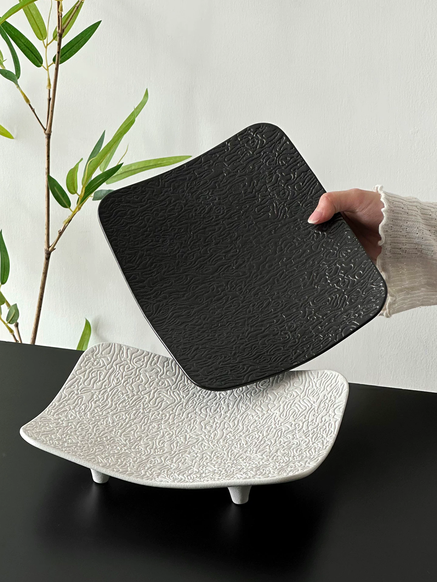Đĩa trái cây tinh tế kiểu Trung Quốc, đĩa gốm hình chữ nhật, đĩa trái cây để bàn cà phê cao cấp, đĩa đựng đồ ăn nhẹ, đĩa đựng kẹo, đĩa trưng bày.