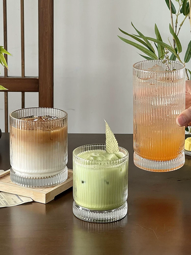 Ly thủy tinh trong suốt kẻ sọc phong cách Ins, dùng trong nhà, thẩm mỹ cao, ly cà phê đơn giản, ly nước ép, ly sữa.