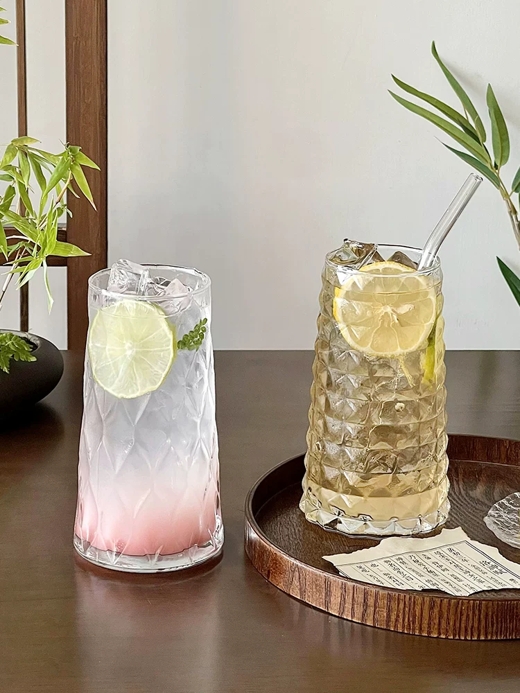 Ly thủy tinh họa tiết kim cương dùng trong gia đình, ly trà trái cây thời thượng, ly đựng đồ uống lạnh, ly nước có ga thẩm mỹ cao, ly đựng đồ uống.
