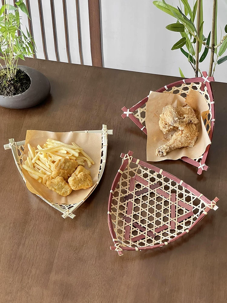 Khay đựng đồ ăn vặt bằng tre đan thủ công, giỏ đựng đồ ăn chiên, khay bánh ngọt trà chiều, khay tre đan.