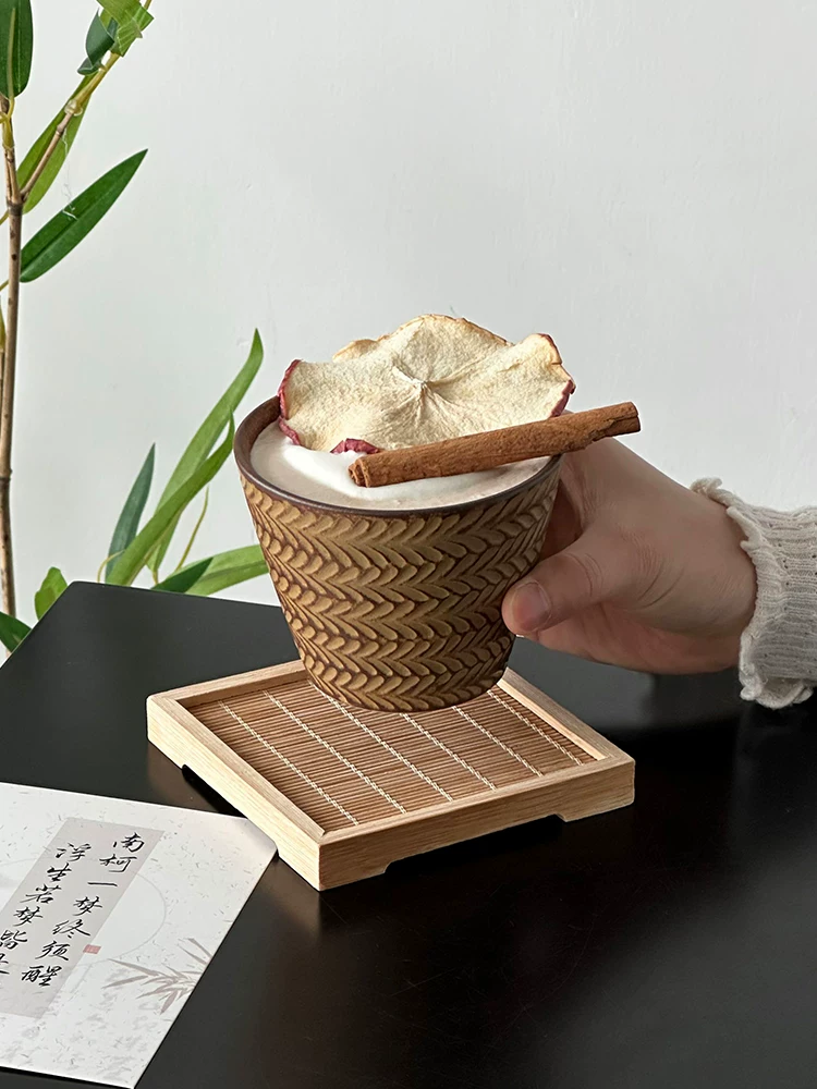 Cốc miệng lợn bằng gốm sứ hoa văn lúa mì nổi phong cách cổ điển Trung Quốc, cốc cà phê tinh tế, cốc nghệ thuật latte, cốc trà, cốc bắt tay, cốc nước.