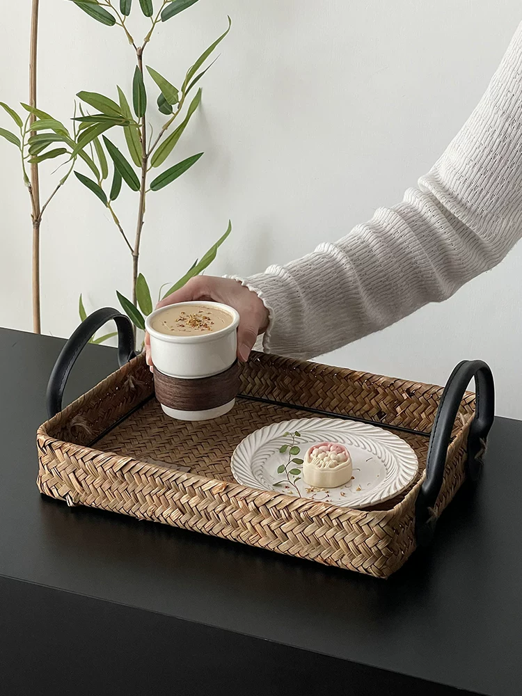 Khay mây đan chất lượng cao kiểu Trung Quốc mới, khay trà, khay trưng bày đồ ăn nhẹ, khay đựng đồ, khay đựng cốc nước quán trà, khay đựng tách trà, khay đựng trái cây.