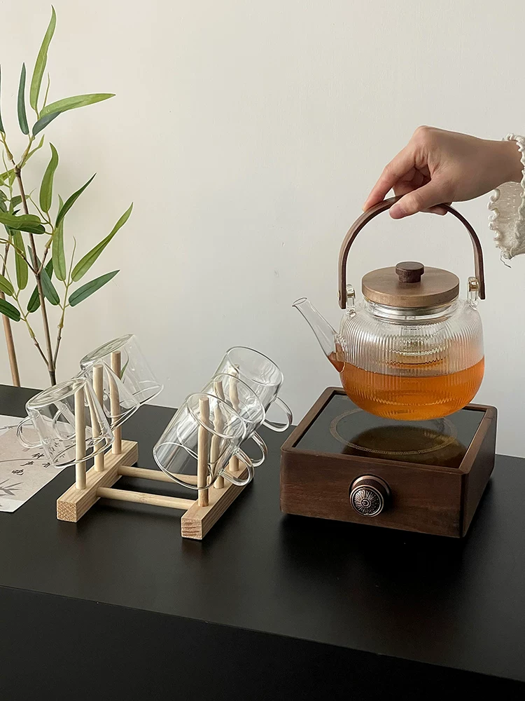 Bếp điện gốm sứ bằng gỗ óc chó để pha trà, ấm trà thủy tinh chịu nhiệt cao có tay cầm, ấm pha trà, bộ tách trà.