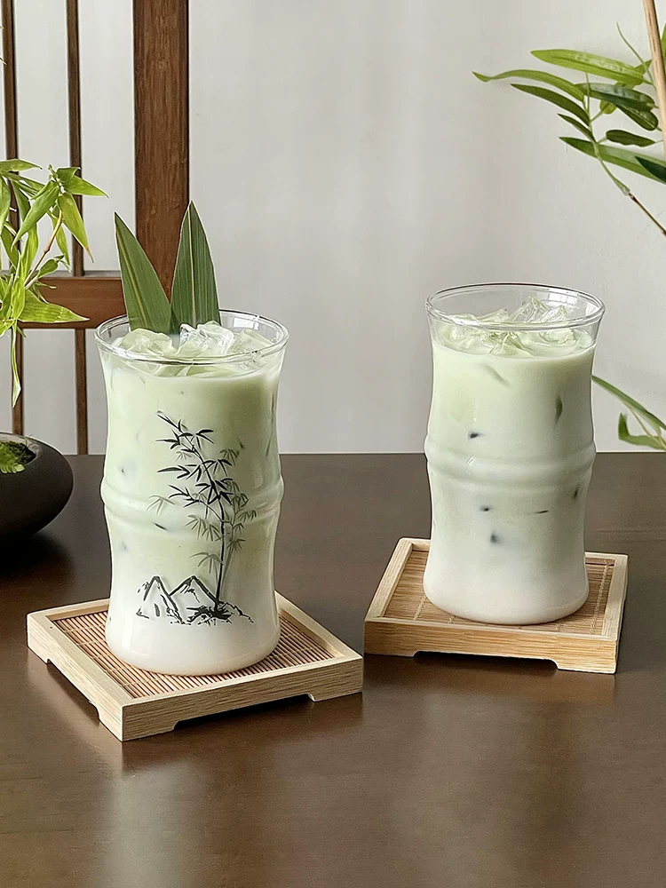 Cốc tre kiểu Trung Quốc mới, cốc thủy tinh chịu nhiệt borosilicate cao cấp dùng trong gia đình, cốc đựng đồ uống, cốc trà, cốc nước, cốc cà phê matcha latte.
