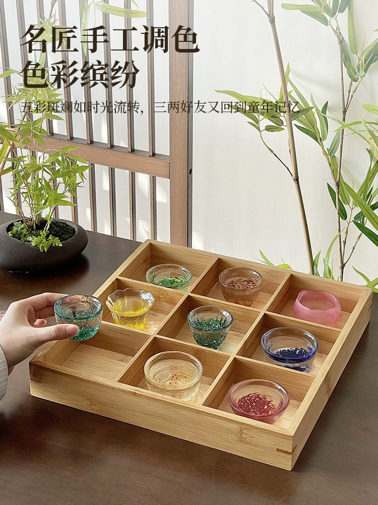 Ly thủy tinh nhiều màu sắc, bộ chén trà nhỏ kiểu Nhật chín ngăn, chén nếm thử, ly thủy tinh cá nhân, ly rượu sake, ly rượu vang mini.