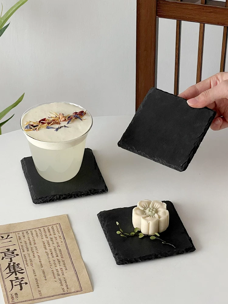 Đĩa đá đen kiểu Trung Quốc, đế lót ly trà, miếng lót cách nhiệt, đĩa tráng miệng tinh tế, đĩa tráng miệng mini, khay trà, thảm trà, đĩa nhỏ.