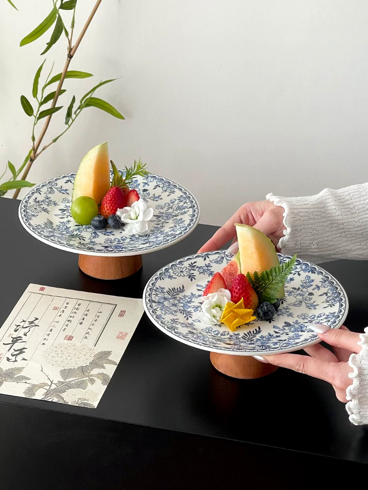 Đĩa sứ cổ điển màu xanh trắng, đĩa trưng bày trái cây tinh tế, đĩa trái cây để bàn cà phê sáng tạo kiểu Trung Quốc mới, đĩa tráng miệng, đĩa bánh ngọt.