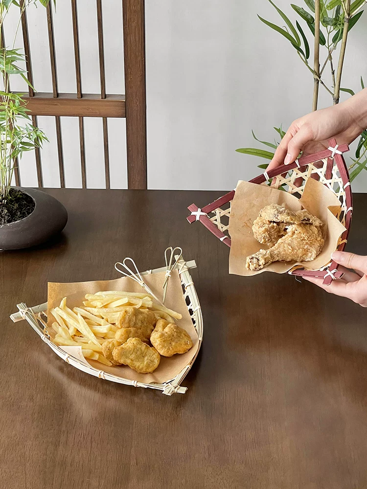Khay đựng đồ ăn vặt bằng tre đan thủ công, giỏ đựng đồ ăn chiên, khay bánh ngọt trà chiều, khay tre đan.