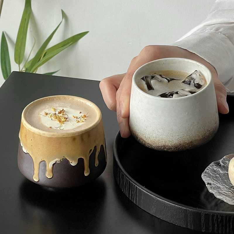 Bộ cốc gốm sứ cổ điển kiểu Nhật, cốc gốm mộc mạc nung lò, cốc cà phê, cốc latte, cốc uống nước bằng gốm, khay, đĩa gỗ.