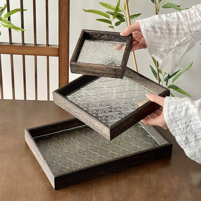 Khay kính hoa Begonia cổ điển hình chữ nhật màu óc chó, khay đựng đồ ăn nhẹ bằng gỗ gia dụng, khay trà