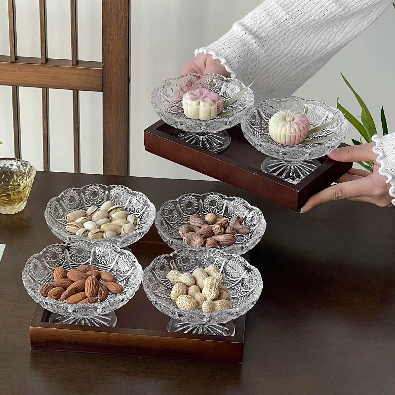 Bộ ấm trà kiểu Trung Quốc, bát thủy tinh chân thấp kèm khay gỗ, khay đựng đồ ăn nhẹ trên bàn cà phê, bộ đồ dùng cho trà chiều.