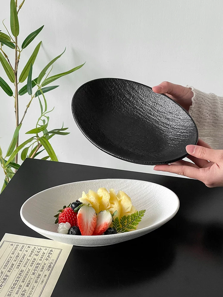 Đĩa hình bầu dục sáng tạo độc đáo, đĩa trái cây tinh tế, đĩa tráng miệng, đĩa màu trơn cao cấp, đĩa trái cây kiểu Trung Quốc, bộ đồ ăn bằng gốm sứ.