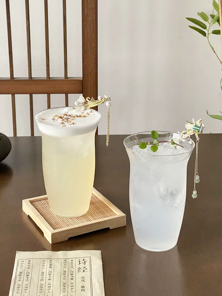 Cốc thủy tinh kiểu Trung Quốc đơn giản, cốc cà phê trong suốt miệng rộng, cốc trà trái cây, cốc uống nước cao cấp, cốc pha cà phê lạnh, cốc uống nước lạnh.