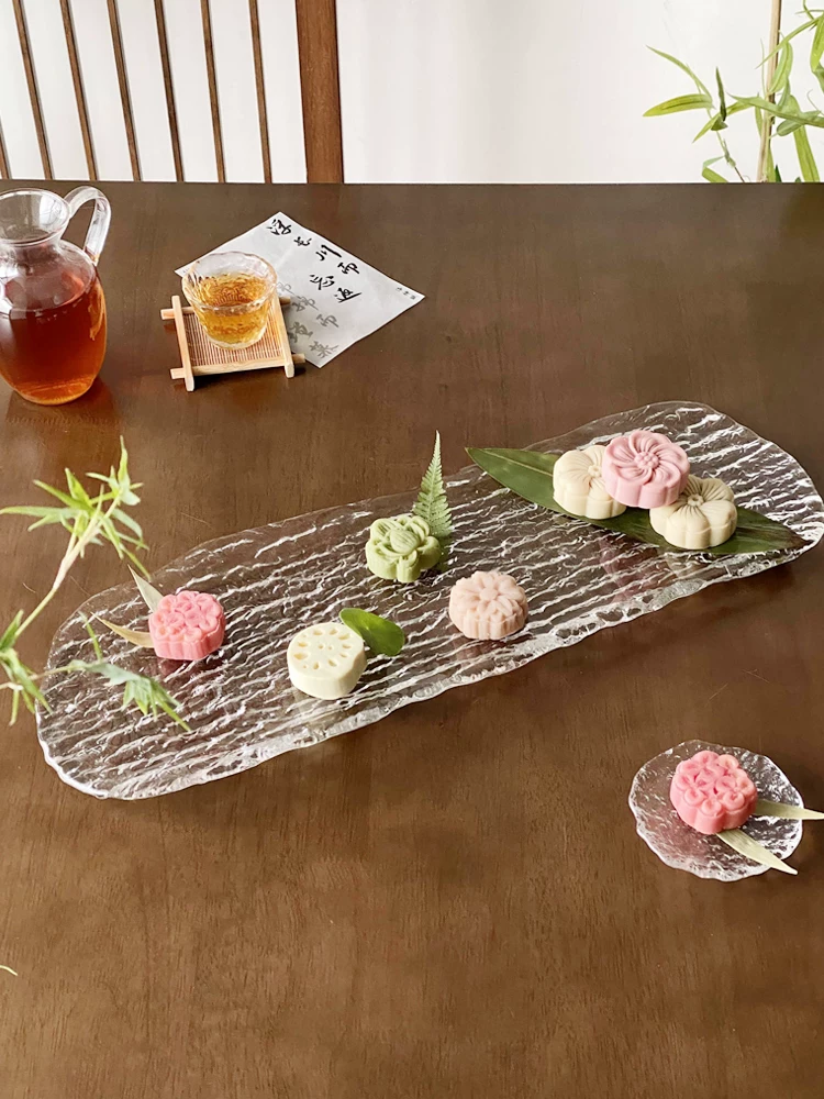 Khay trà thủy tinh kiểu Trung Quốc mới với họa tiết cây dài, khay đựng tráng miệng và trái cây, đĩa bánh ngọt trà chiều truyền thống, bộ đồ ăn lấy cảm hứng từ Thiền.