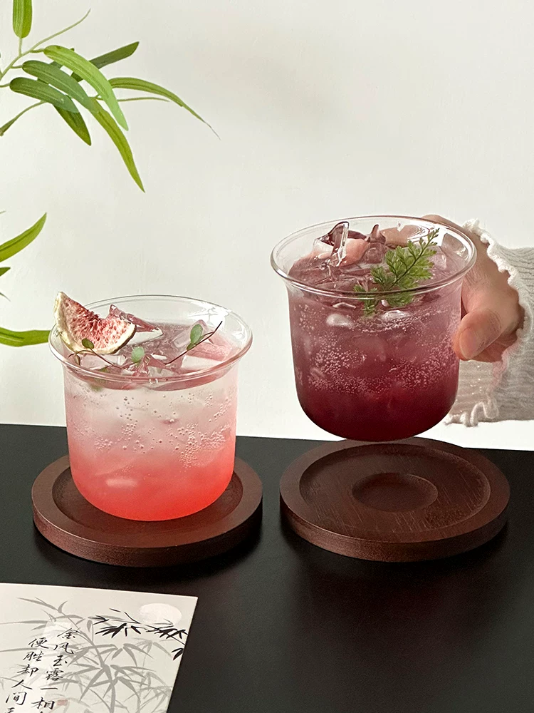 Cốc thủy tinh trong suốt miệng rộng đơn giản có đế lót, cốc cà phê Americano đá, cốc latte, cốc cocktail, cốc nước, cốc đồ uống lạnh.