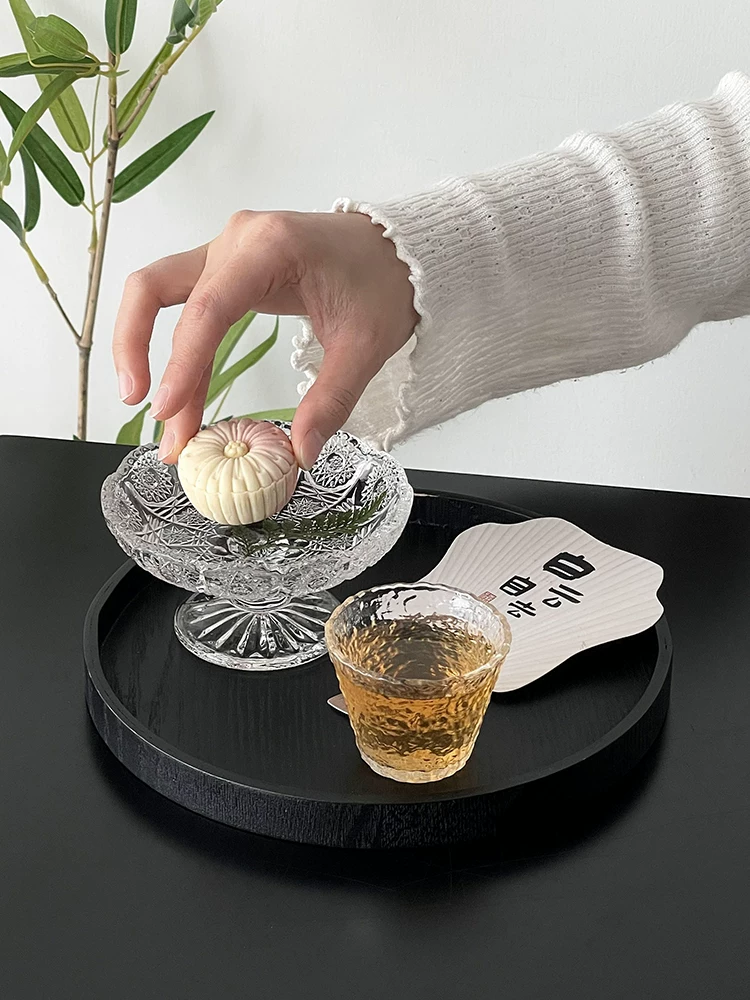 Đĩa trái cây thủy tinh cao kiểu Trung Quốc có họa tiết nổi, đĩa trà nhỏ, đĩa ăn nhẹ buổi chiều, đĩa tráng miệng, đĩa trái cây, đĩa đựng đồ ăn.