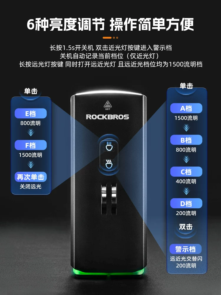 Đèn xe đạp Rock Brothers, đèn trước, ánh sáng mạnh, 3000 lumens, đèn pin, đi đường núi, đi đêm, chế độ chiếu xa và chiếu gần