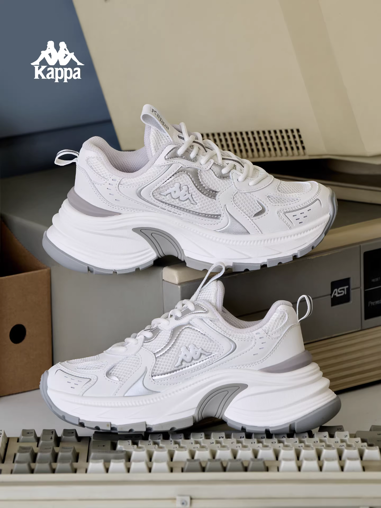 Giày thể thao đế dày Kappa dành cho nữ mùa đông 2025, giày sneaker đế mềm tăng chiều cao, thời trang, phong cách thường ngày, màu trắng