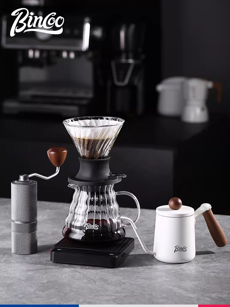 Bộ pha cà phê Bincoo gồm cốc thông minh, giấy lọc V60, ấm chia cà phê, máy xay cà phê cầm tay, cân điện tử.