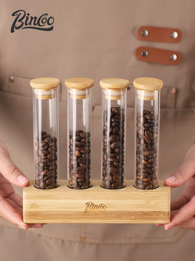 Hũ đựng cà phê Bincoo, chất liệu thủy tinh, kín khí, có giá để trưng bày, dùng được cho trà, thực phẩm, chất liệu thủy tinh đạt chuẩn thực phẩm, dùng cho quầy bar