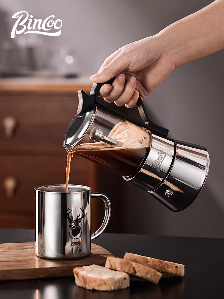 Bình pha cà phê moka Bincoo hai van bằng thép không gỉ, máy pha cà phê espresso thủ công tại nhà, máy pha cà phê nhỏ gọn
