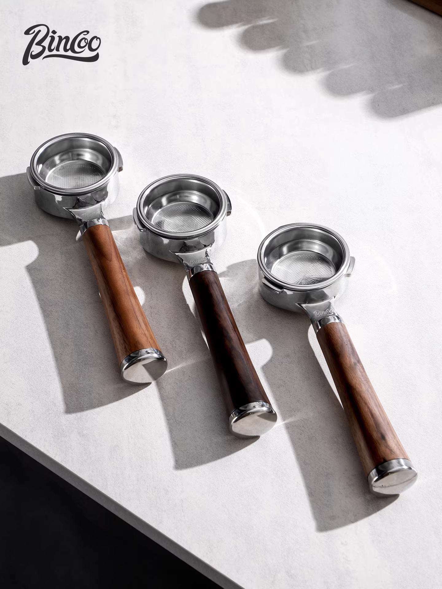 Phụ kiện máy pha cà phê Bincoo, bộ lọc cà phê không đáy 51/58mm, tay cầm gỗ óc chó
